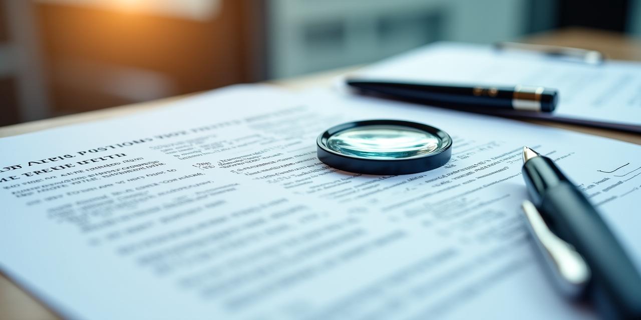Close up of a legal contract with a magnifying glass highlighting small text