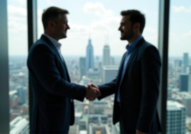 Two professionals shaking hands in a high-end London office overlooking the city
