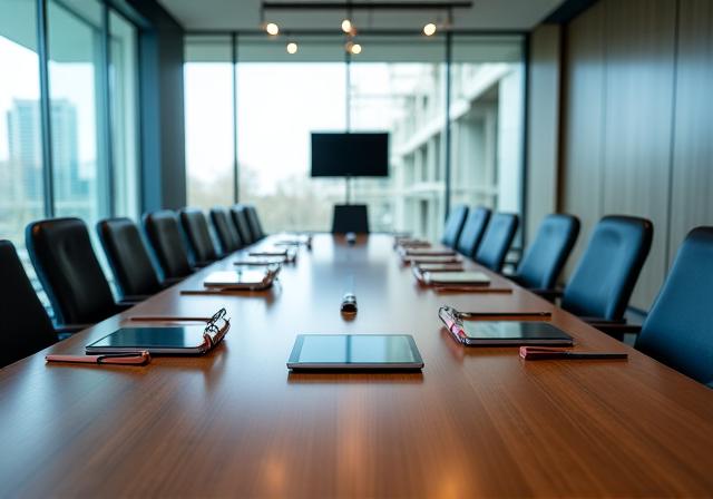 Modern conference room with international flags and elegant glass table