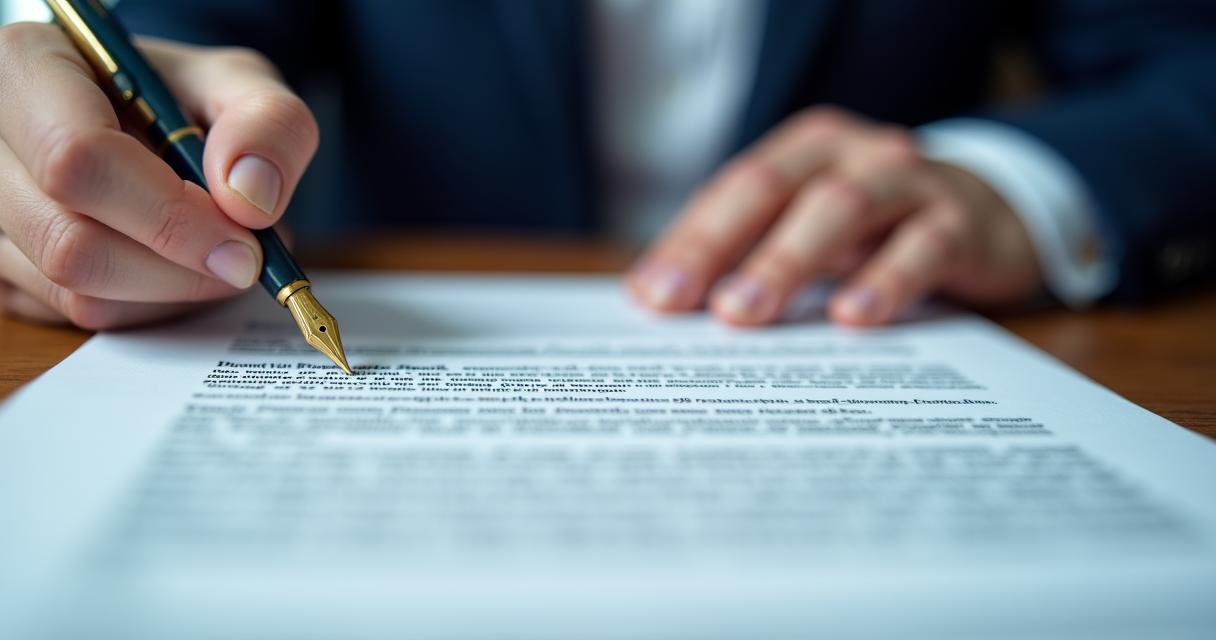 Close up of a legal professional reviewing a complex contract with a gold fountain pen