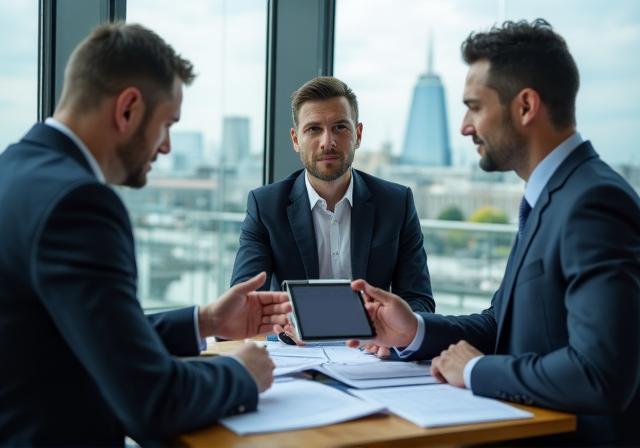 A professional legal consultation in a modern London glass office overlooking the city skyline