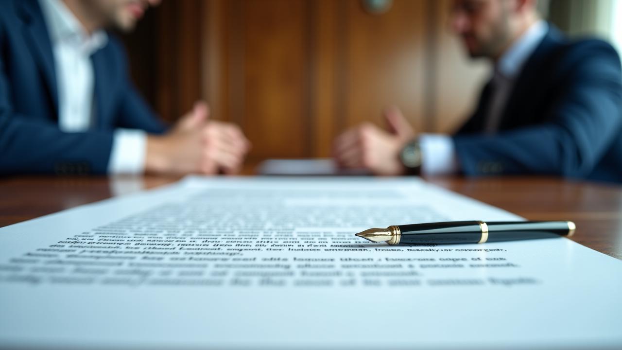 Close-up of legal professionals reviewing a contract at a boardroom table
