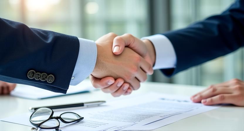 Two professionals shaking hands over a finalized commercial contract